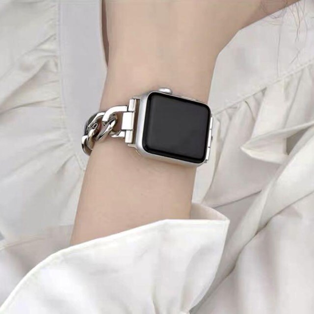 人気No.1 Apple Watch チェーンバンド シルバー レザーホワイト 45mm